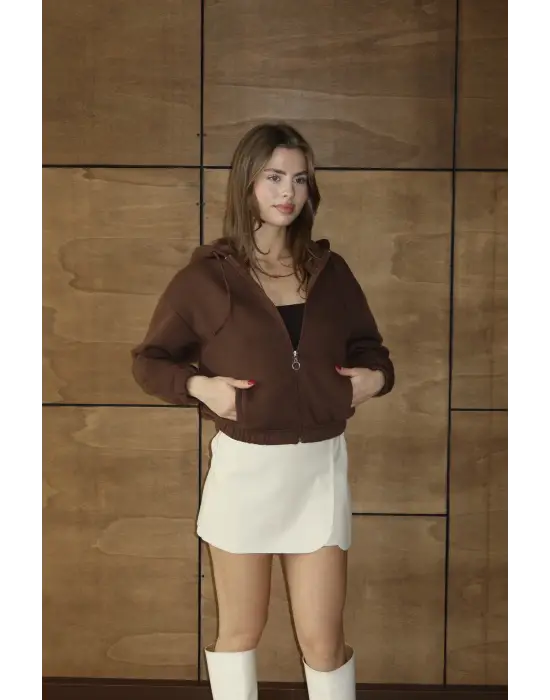 3 İplik Şardonlu Kapşonlu Fermuarlı Kısa Üst Kahve Pat8590