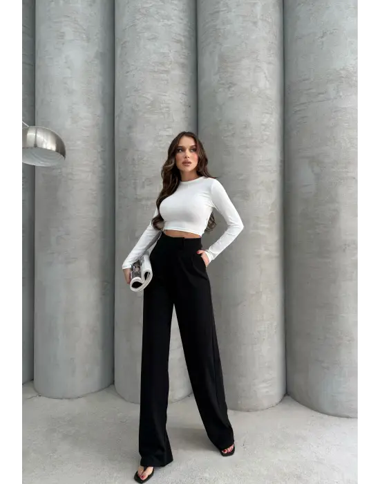 Cırtlı Pantolon Krep Siyah Pt