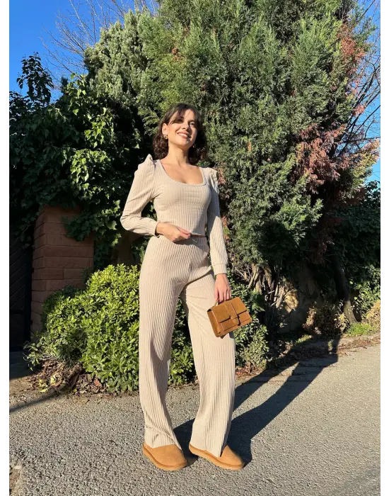 Fitilli Prenses Kol Alt Üst Takım Bej