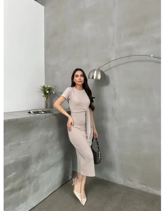 Kuşaklı Mdl Esnek Kumaşlı Elbise Bej Pt