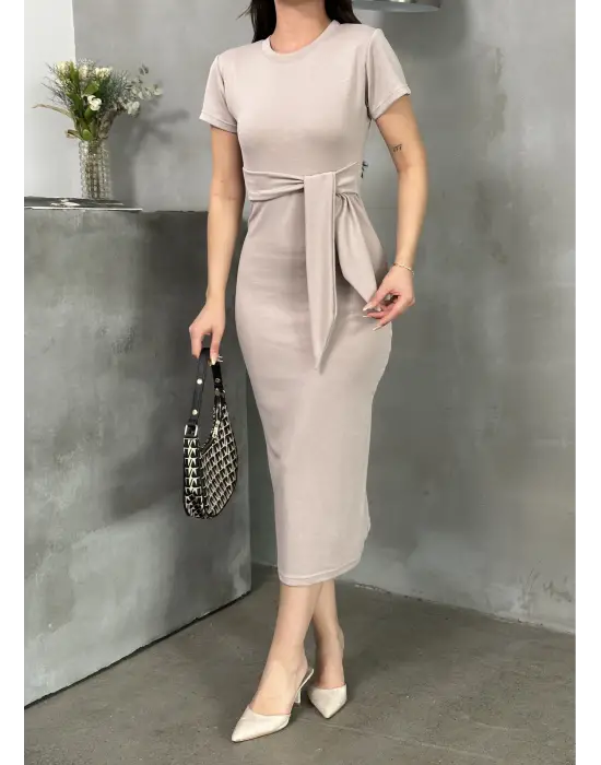 Kuşaklı Mdl Esnek Kumaşlı Elbise Bej Pt