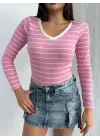 V Yaka Çizgili Bluz Pembe A3699