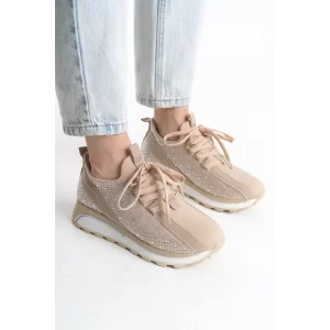 Alya Bağcıklı Ortopedik Taban Taşlı Kadın Sneaker Spor Ayakkabı Bt - Krem