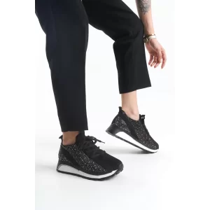 Alya Bağcıklı Ortopedik Taban Taşlı Kadın Sneaker Spor Ayakkabı Bt - Siyah