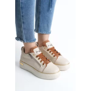 Dına Bağcıklı Fermuarlı Ortopedik Taban Kadın Sneaker Spor Ayakkabı  Kt - Krem/taba/altın
