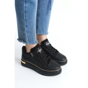 Dına Bağcıklı Fermuarlı Ortopedik Taban Kadın Sneaker Spor Ayakkabı  St - Siyah/altın