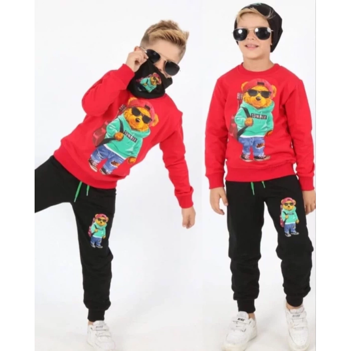 Erkek Çocuk Ayıcık Baskılı Kompak Penye ÜçlüTakım