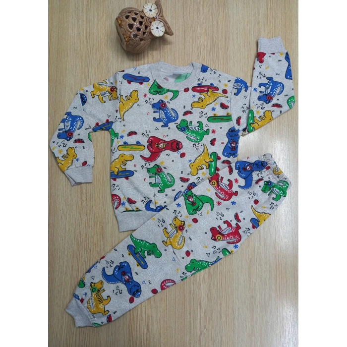 Erkek Çocuk Dİnazor Baskılı Şardonlu İçi Pamuklu İkili Takım