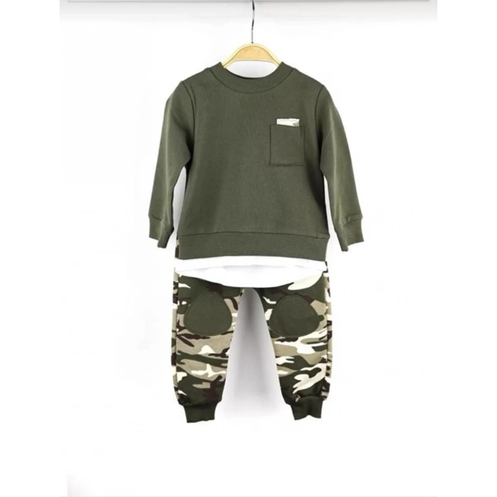Kamuflaj Asker Sweatshirt Eşofman Takımı Alt Üst Takım-Haki Yeşil(1BEDEN BÜYÜK ALINIZ)