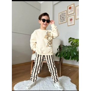 Erkek Çocuk Smile Baskılı Altı Çizgili Takımı 3-9 Yaş Pamuklu spor & Günlük Takım (bir beden büyük alınız)