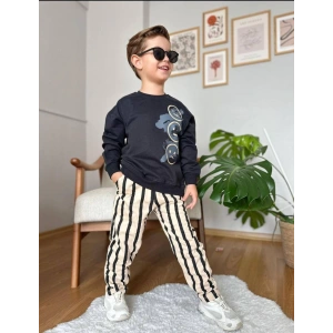 Erkek Çocuk Smile Baskılı Altı Çizgili Takımı 3-9 Yaş Pamuklu spor & Günlük Takım (bir beden büyük alınız)