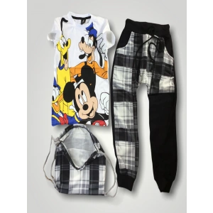 Erkek Çocuk Beyaz Karakter Baskılı Çantalı Üçlü Takım