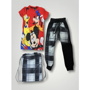 Erkek Çocuk Kırmızı Karakter Baskılı Çantalı Üçlü Takım