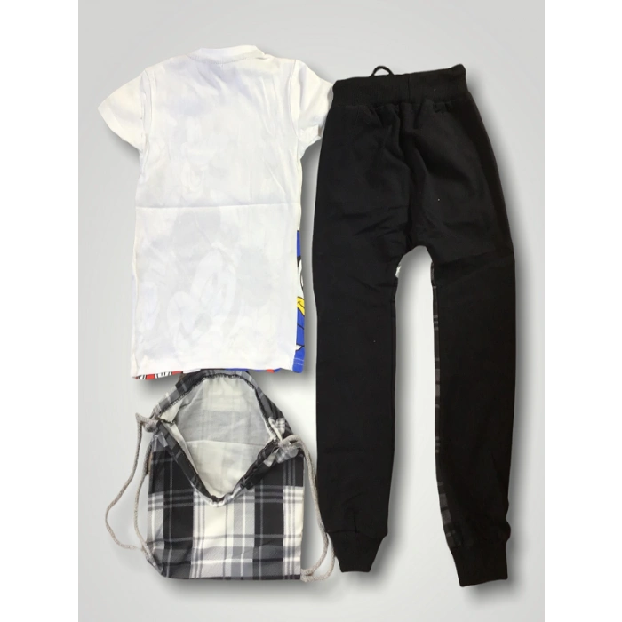 Erkek Çocuk Beyaz Karakter Baskılı Çantalı Üçlü Takım