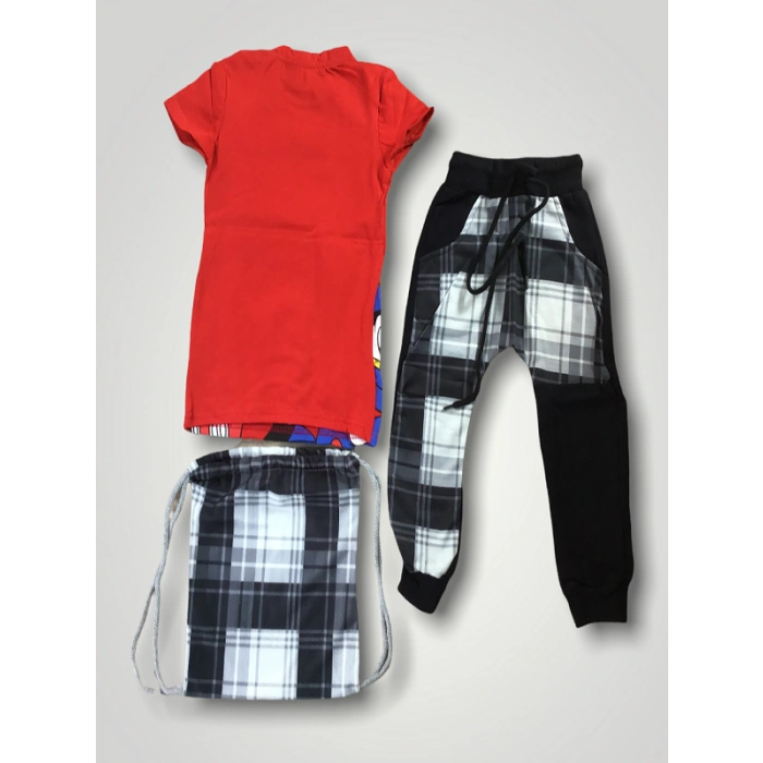 Erkek Çocuk Kırmızı Karakter Baskılı Çantalı Üçlü Takım