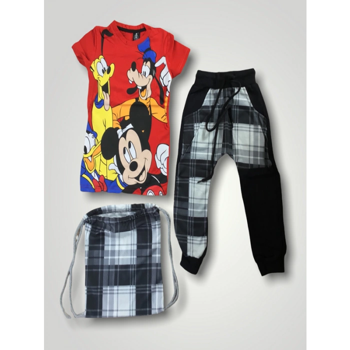 Erkek Çocuk Kırmızı Karakter Baskılı Çantalı Üçlü Takım