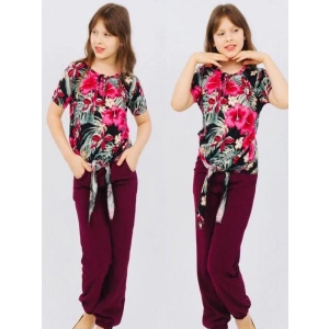 Kız Çocuk Mor Cicek Desaenli Ayrobin Kumaş Gömleği Bağlamalı Takım