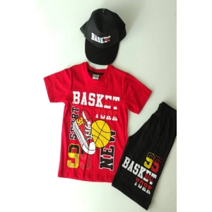 Erkek Çocuk Kırmızı Basketball Baskılı Şapkalı Üçlü Takım