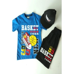 Erkek Çocuk Mavi Basketball Baskılı Şapkalı Üçlü Takım