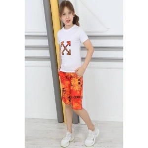 Kız Çocuk Turuncu Alt Baskılı Şortlu İkili Takım