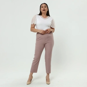 Kadın Pudra Beli Lastikli Büyük Beden Dabıl Kumaş Pantolon