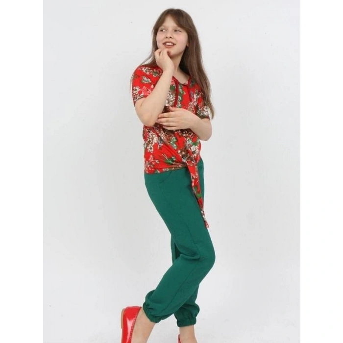 Kız Çocuk Benetton Rengi Cicek Desenli Ayrobin Kumaş Gömleği Bağlamalı Takım