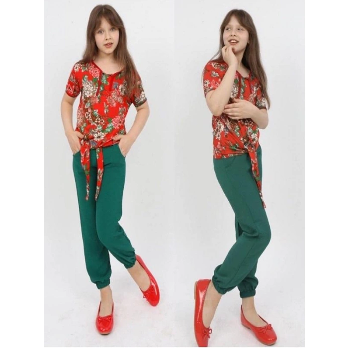 Kız Çocuk Benetton Rengi Cicek Desenli Ayrobin Kumaş Gömleği Bağlamalı Takım