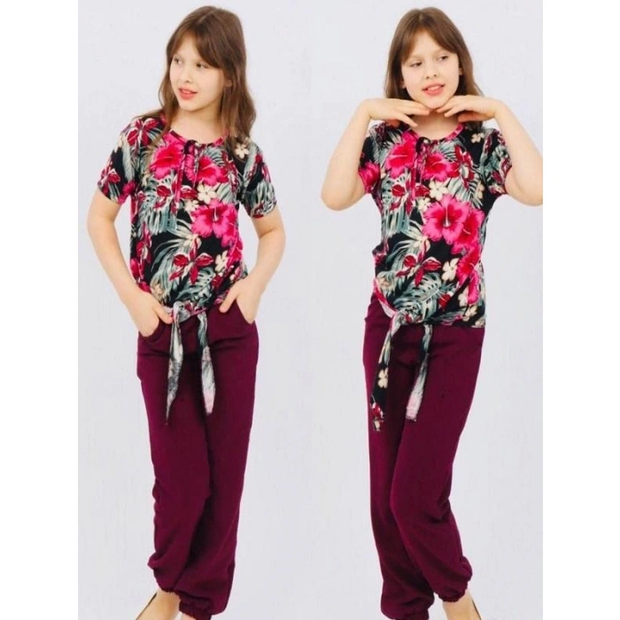 Kız Çocuk Mor Cicek Desaenli Ayrobin Kumaş Gömleği Bağlamalı Takım