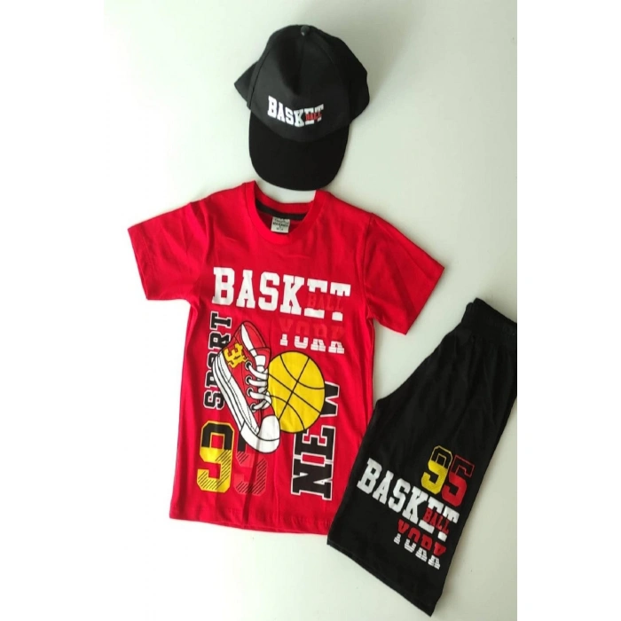 Erkek Çocuk Kırmızı Basketball Baskılı Şapkalı Üçlü Takım