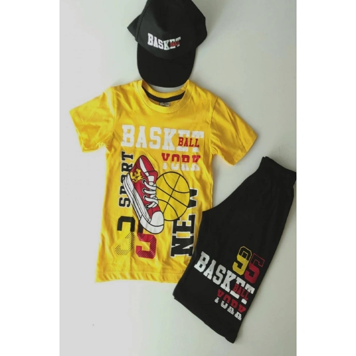 Erkek Çocuk Sarı Basketball Baskılı Şapkalı Üçlü Takım