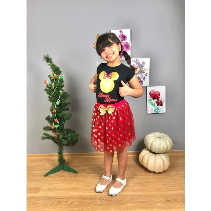 Kız Çocuk Minnie Mouse Eteklli Taçlı Üçlü Takım