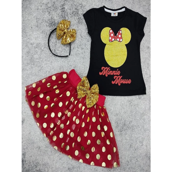 Kız Çocuk Minnie Mouse Eteklli Taçlı Üçlü Takım