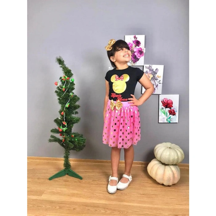 Kız Çocuk Minnie Mouse Eteklli Taçlı Üçlü Takım