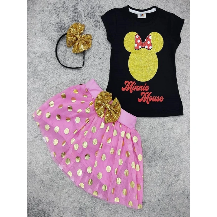 Kız Çocuk Minnie Mouse Eteklli Taçlı Üçlü Takım