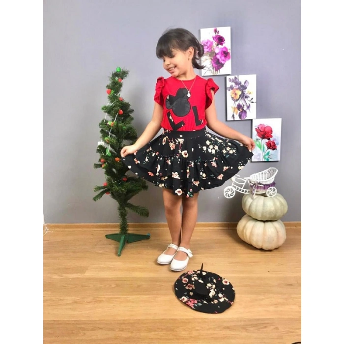 Kız Çocuk Minnie Etek Ve Şapkalı Üçlü Takım