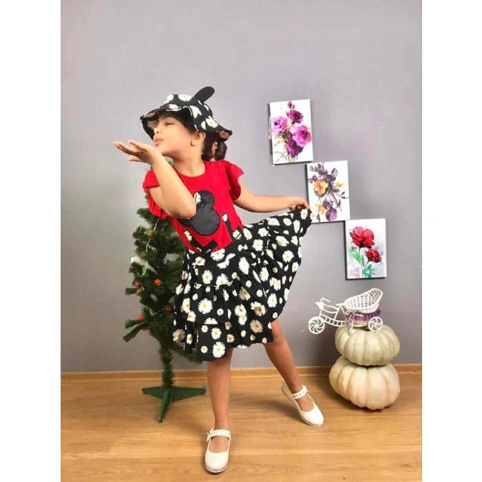 Kız Çocuk Minnie Etek Ve Şapkalı Üçlü Takım