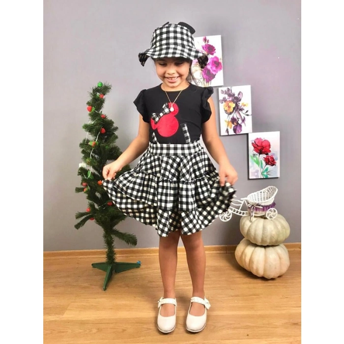 Kız Çocuk Minnie Etek Ve Şapkalı Üçlü Takım