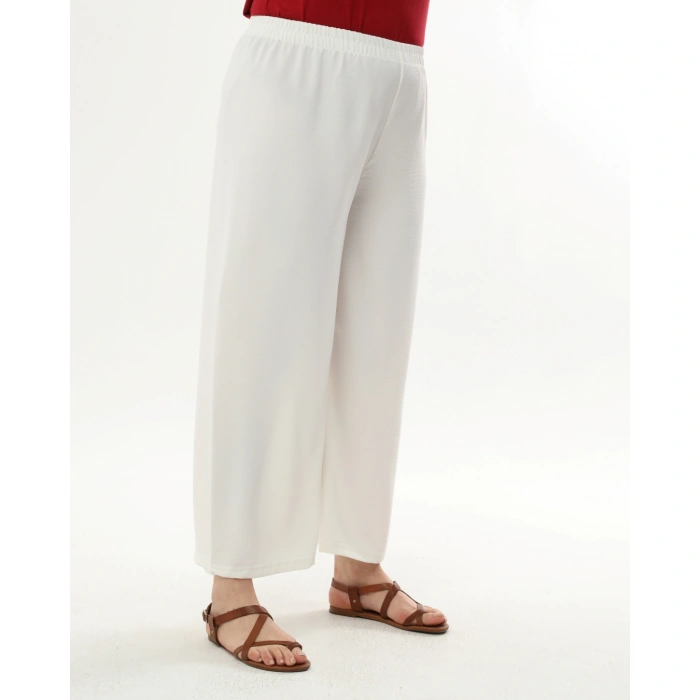 Kadın Beyaz Beli Lastikli Büyük Beden Ayrobin Pantolon