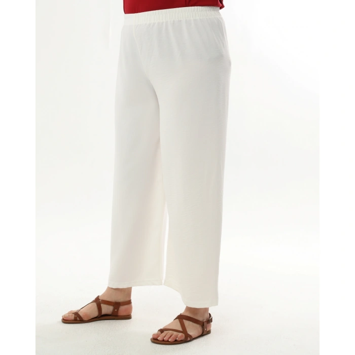 Kadın Beyaz Beli Lastikli Büyük Beden Ayrobin Pantolon