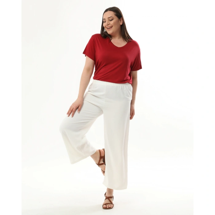 Kadın Beyaz Beli Lastikli Büyük Beden Ayrobin Pantolon