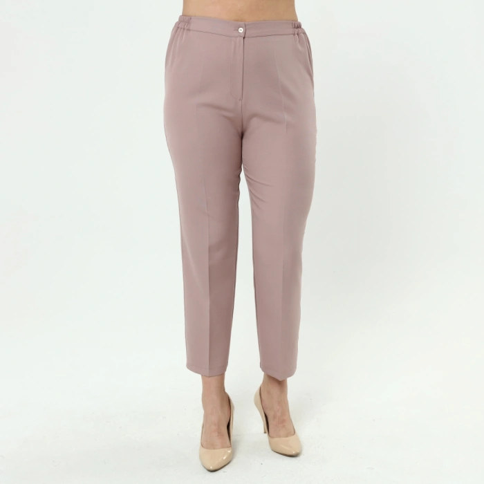 Kadın Pudra Beli Lastikli Büyük Beden Dabıl Kumaş Pantolon