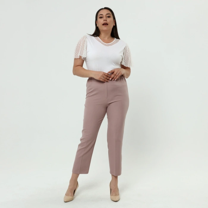 Kadın Pudra Beli Lastikli Büyük Beden Dabıl Kumaş Pantolon
