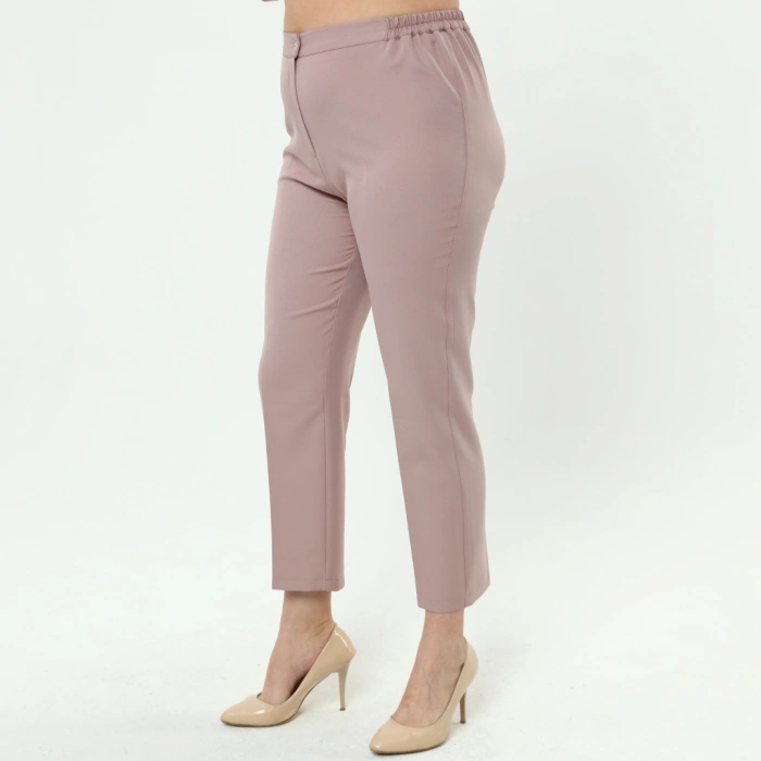 Kadın Pudra Beli Lastikli Büyük Beden Dabıl Kumaş Pantolon