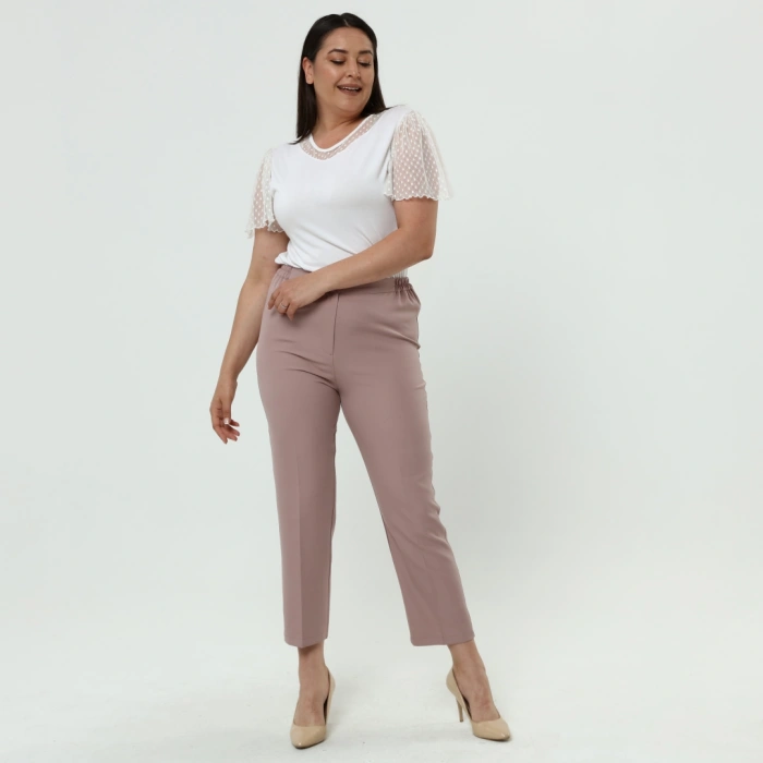 Kadın Pudra Beli Lastikli Büyük Beden Dabıl Kumaş Pantolon