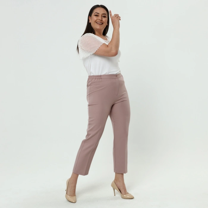 Kadın Pudra Beli Lastikli Büyük Beden Dabıl Kumaş Pantolon