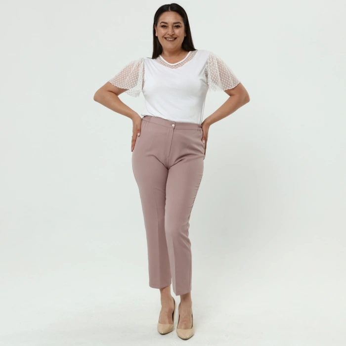 Kadın Pudra Beli Lastikli Büyük Beden Dabıl Kumaş Pantolon