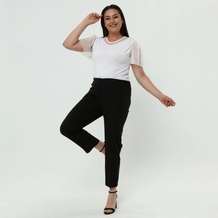 Kadın Siyah Beli Lastikli Büyük Beden Dabıl Kumaş Pantolon