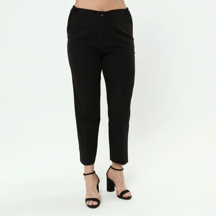 Kadın Siyah Beli Lastikli Büyük Beden Dabıl Kumaş Pantolon