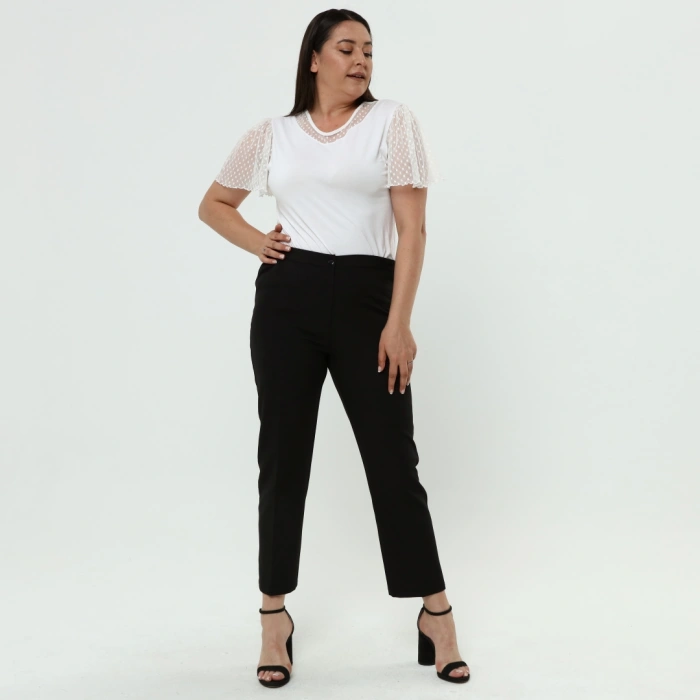 Kadın Siyah Beli Lastikli Büyük Beden Dabıl Kumaş Pantolon