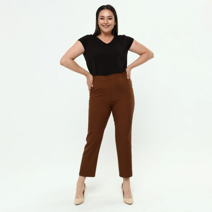 Kadın Kiremit Beli Lastikli Büyük Beden Dabıl Kumaş Pantolon